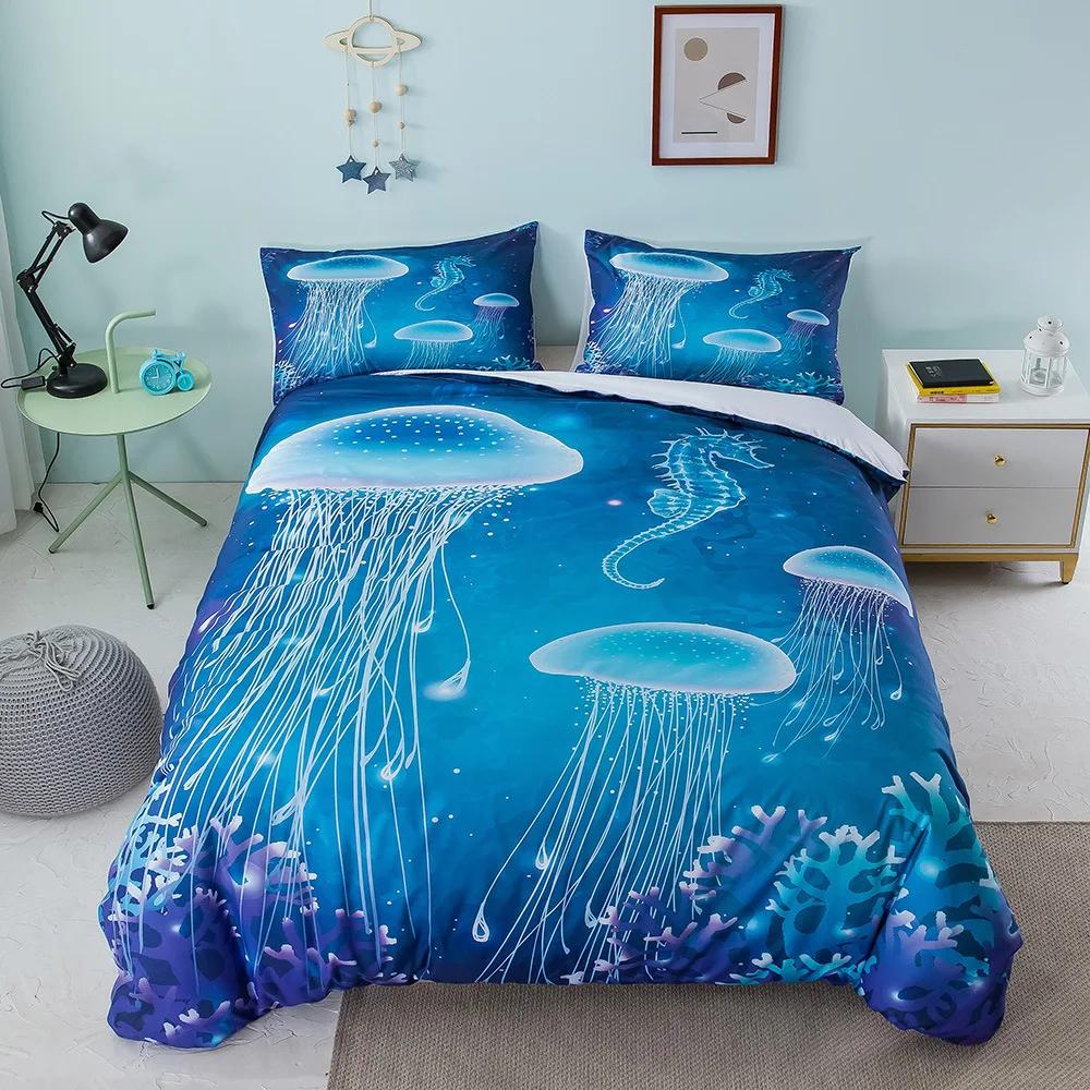 Huse de pilotă decorative cu meduze colorate, mărime King/Queen, Huse de plapumă cu animale subacvatice, Huse de cuvertură cu tematică marină pentru copii și adolescenți