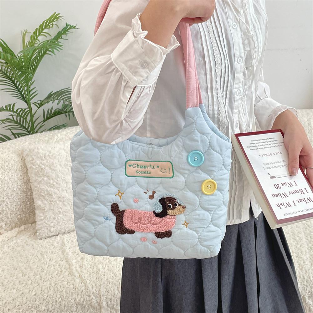 Trendy Street Style Student Tote Bag With Cute Embroidered Dog In Beautiful Hues