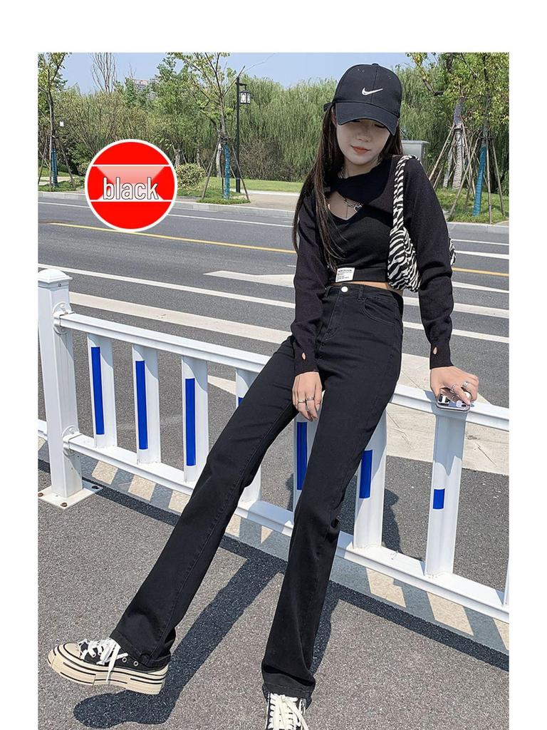 Women's High-Waist Black Straight-Leg Jeans: 2025 Autumn/Winter Hong Kong Style, Plus Velvet, Floor-Length for a Lengthening Look