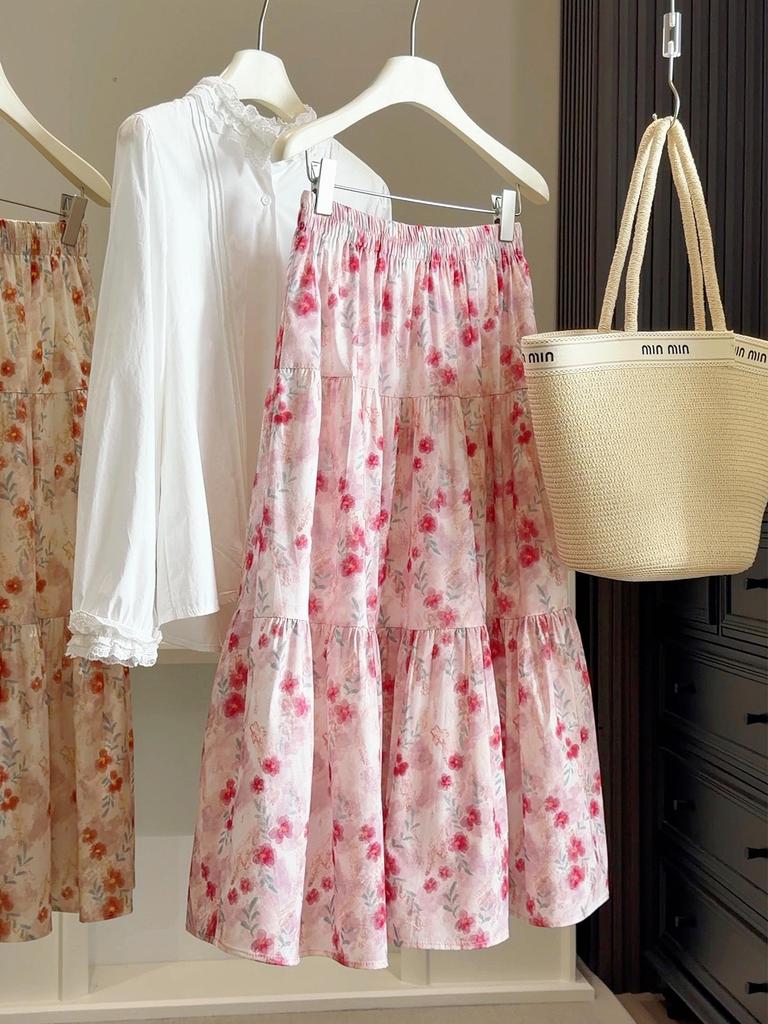 Gonna midi a ruota a vita alta con stampa floreale colorata in stile francese per donna - Slim fit Primavera & Estate