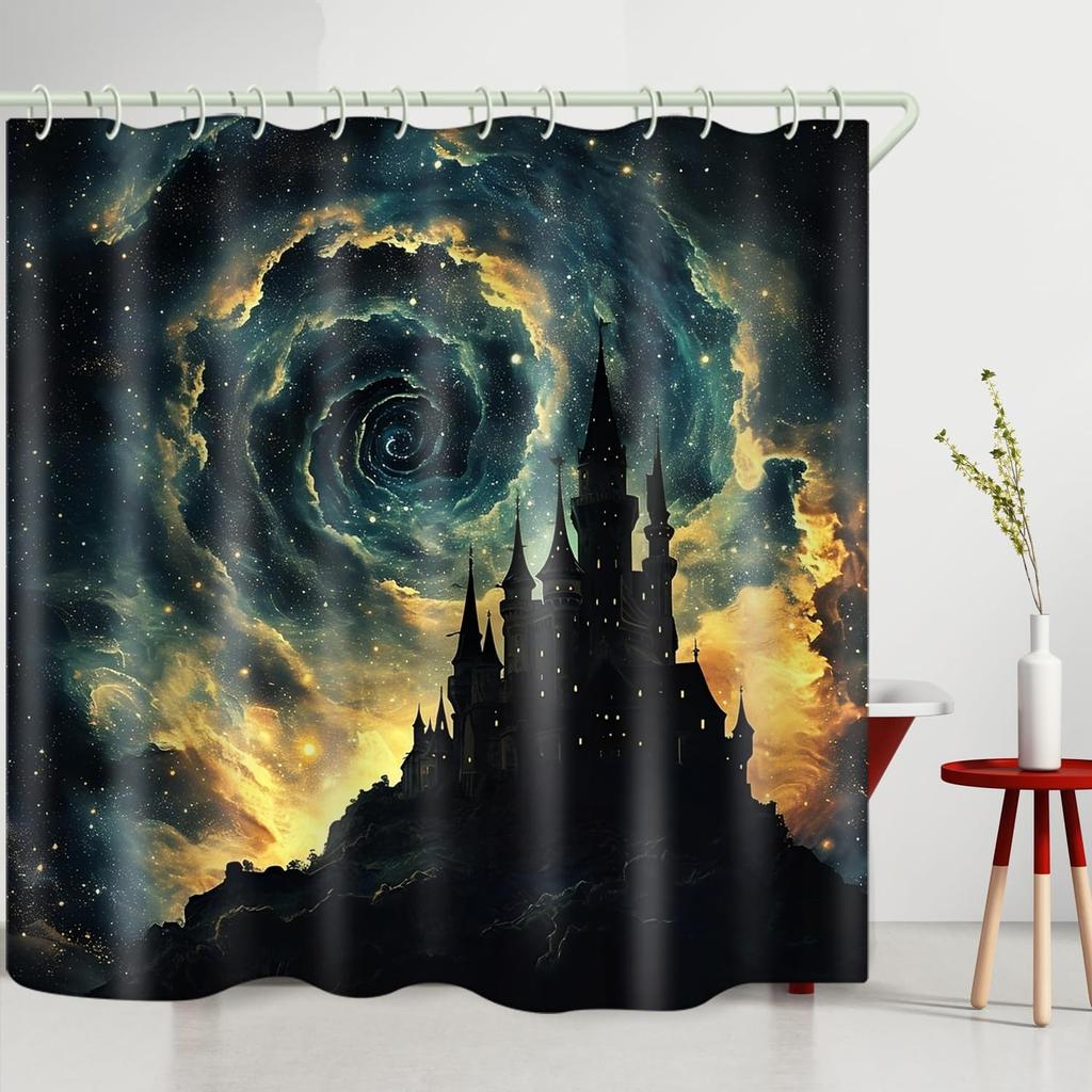 Bright Fabric Shower Curtain, Whirlpool Sky Castle Themed Design Art Shower Curtain, Bathroom Decor Set, 12 Shower Curtain Hooks