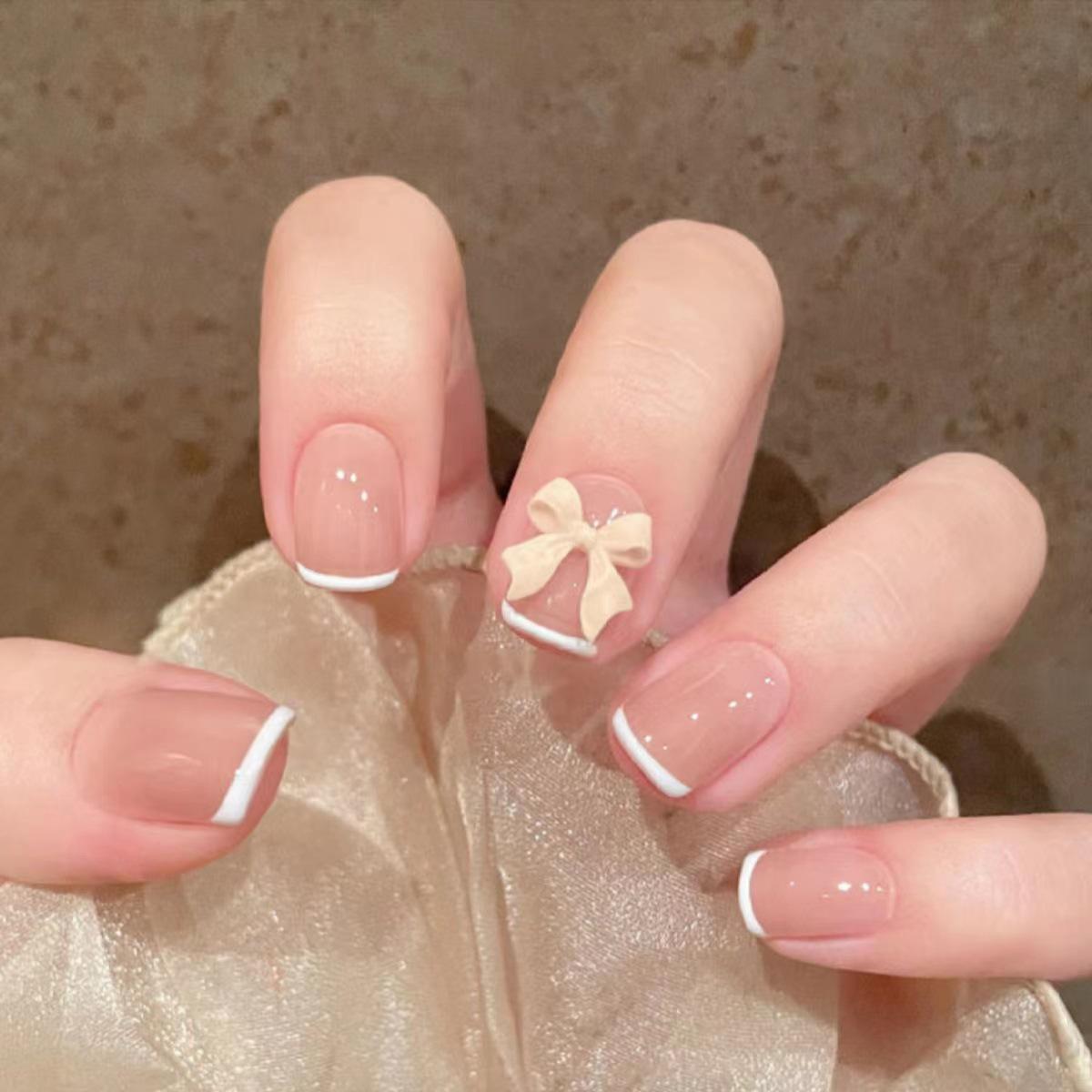 

«Наклейки для ногтей Douyin French White Edge Bow - Накладные ногти» A465 Short French Bow [Wearable]