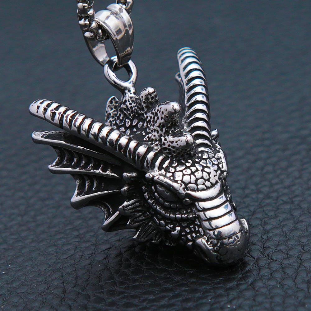 Vintage Vikings Dragon Pendant Necklace Mens 316L Stainless Steel Animal Head Biker Necklaces Punk Dragon Pendant Jewelry Gifts