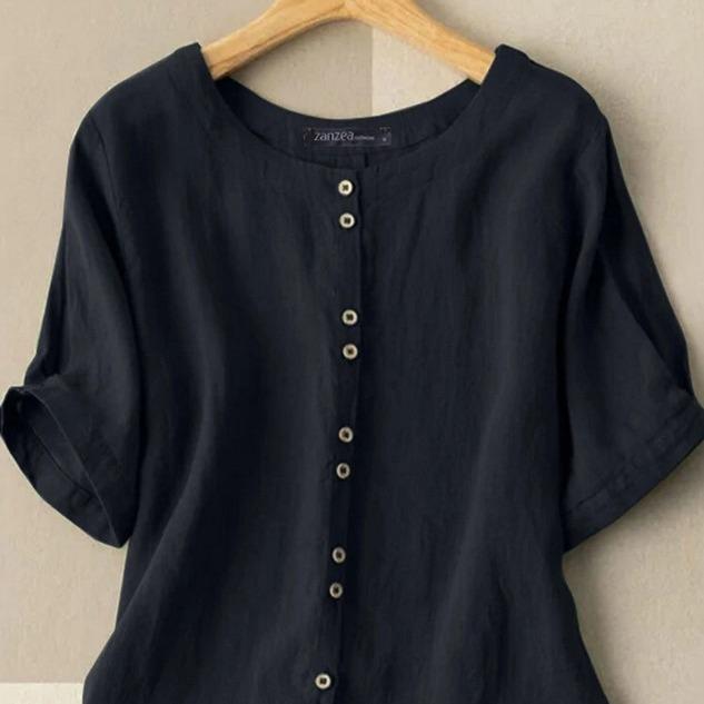 Summer Casual Loose Tunic Tops Women Vintage OL Shirt O Neck Short Sleeve Blouse Solid Cotton Blusas Buttons Down Chemise