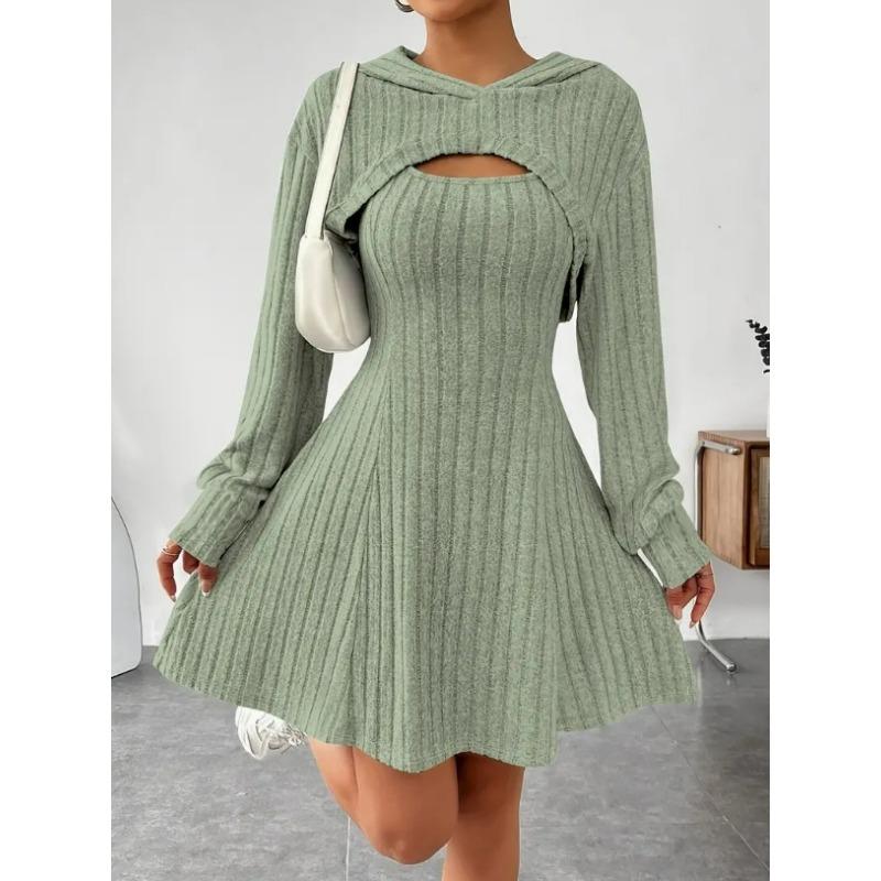 Damski Modny Casualowy Jednokolorowy Krótki Top z Kapturem z Długim Rękawem + Zestaw Sukienki bez Rękawów