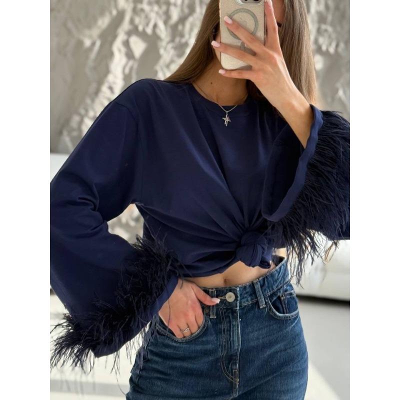 Women S Oversize Long Sleeve T Shirt With Flared Cuffs Fur Trim