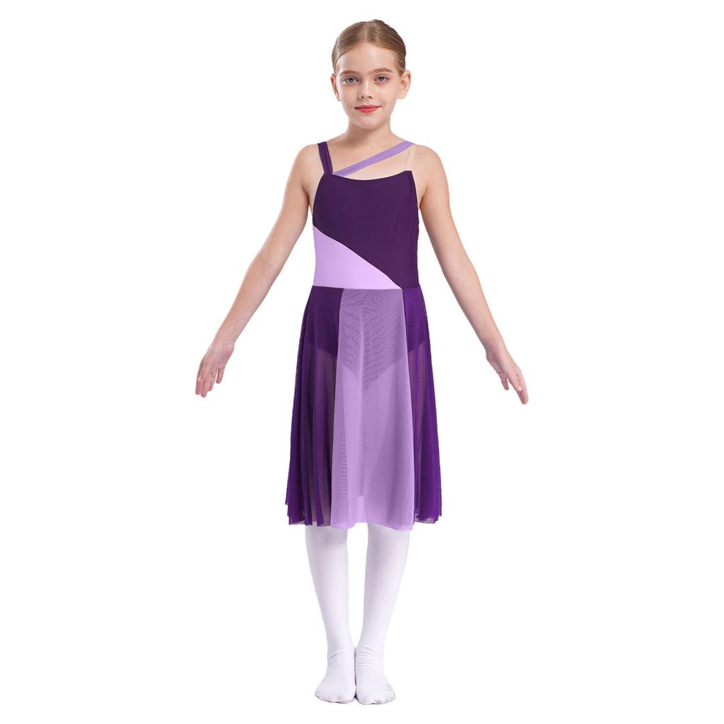 Girls Sleeveless Mesh Straps Color Contrast Leotard Dress for Lyrical Contemporary Dance Performance