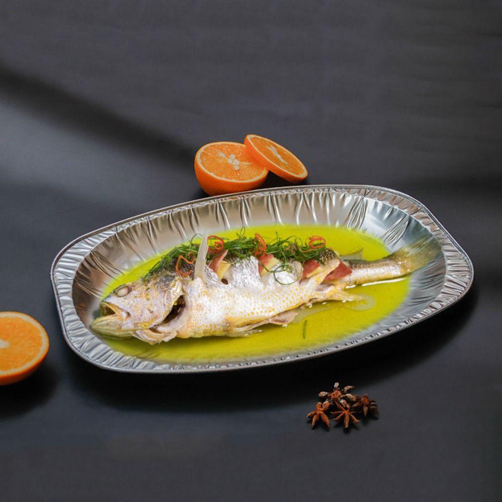 10 Stück Ovale Aluminiumfolien-Grillplatte Verdickte Backbleche Gegrillte Fischplatte Snack