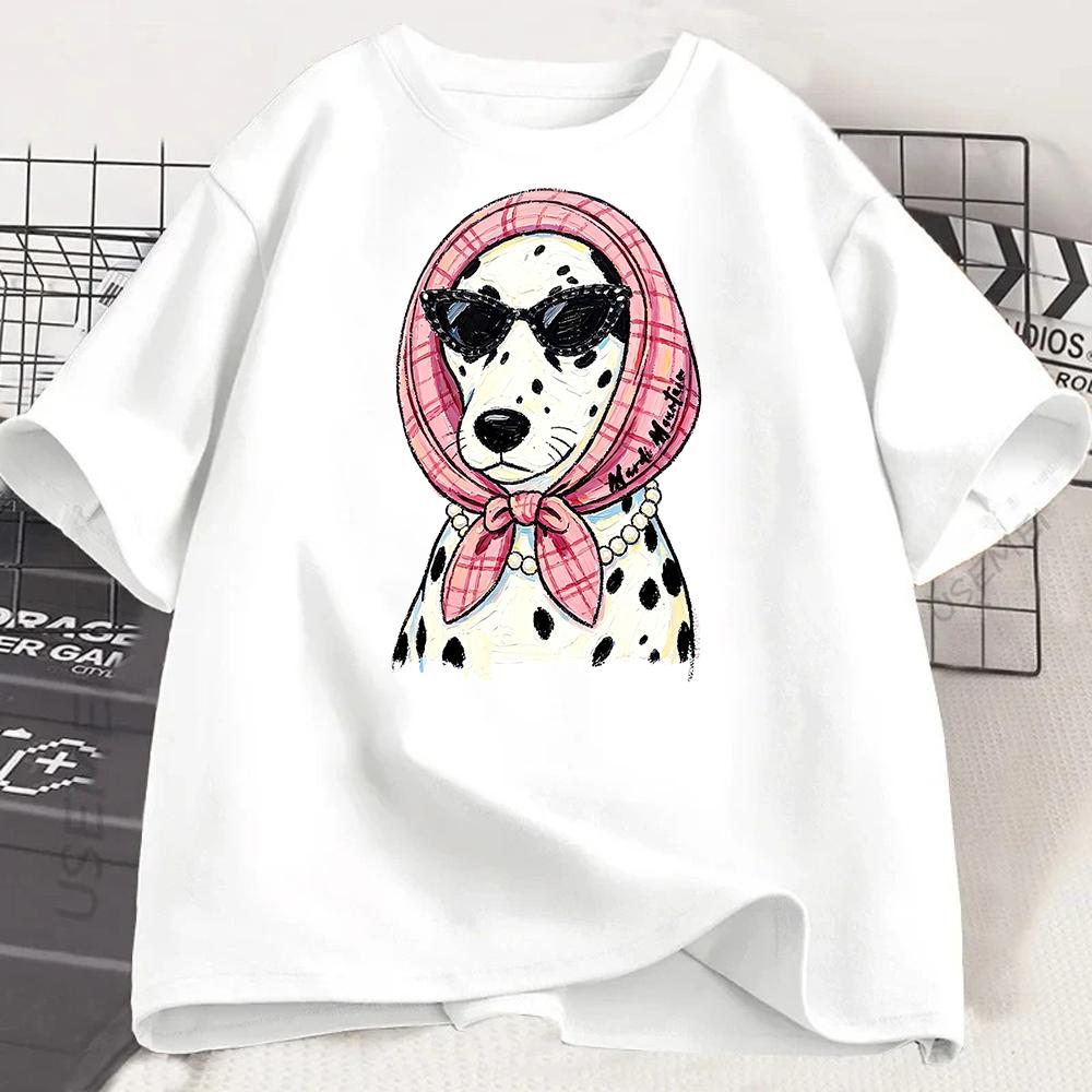 Fashion Dog Print T Shirt Unisex Dalmatian Sunglasses Graphic Tee Chic Aesthetic Harajuku Short Sleeve Casual Summer Top