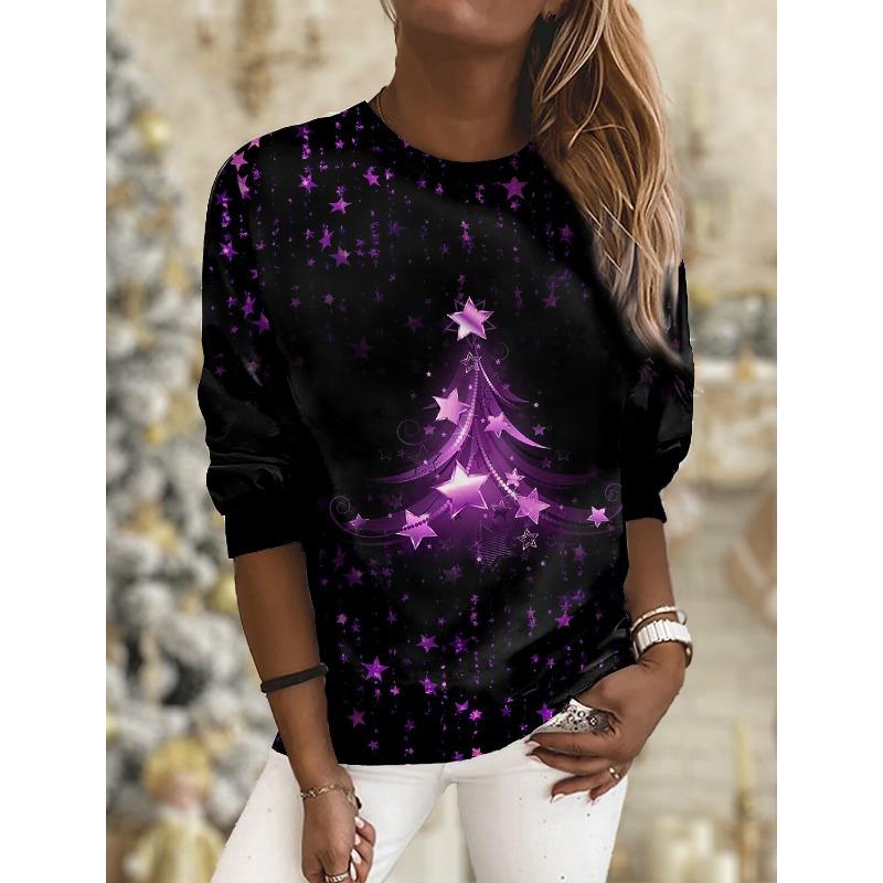 2023 Fashion Women's Pullover Christmas Blue Star Graphic Casual Sports O-Neck Long Sleeve Tops Micro-Elastic Fall & Winter