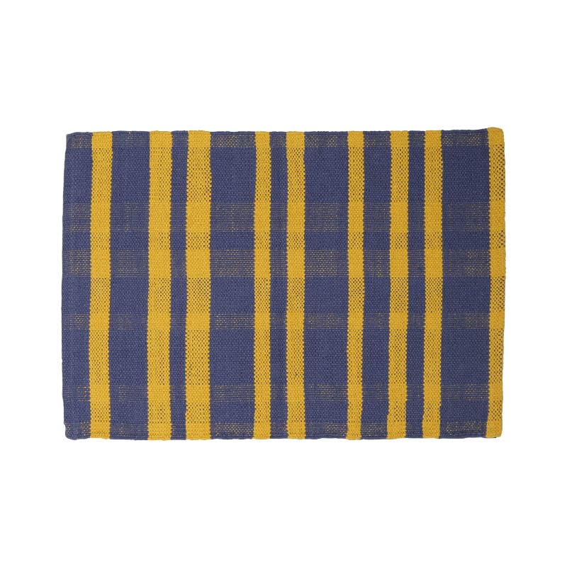 Dulton Cotton Handloom Mat 500 x 750mm Cotton Washable Handwoven Rug Checkered Pattern Machine Washable Blue/Yellow 100% RN-0497-75BY