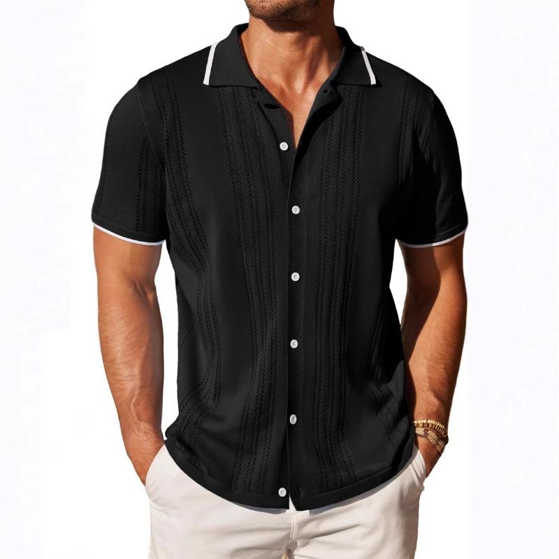 Mens Contrast Trim Short Sleeve Knit Polo Shirt Button Down Hollow Out Casual Summer Top