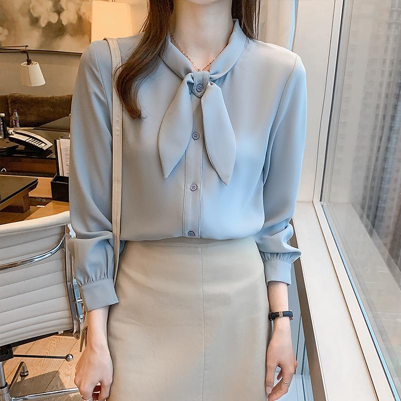 2025 Spring Women Blouses Shirts Long Sleeve Bow Collar Office Lady White Chiffon Blouse  Shirt Women Tops J769
