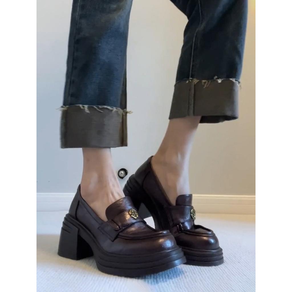 Cowhide~ High-heeled leather loafers women's retro camellia round head thick sole one pedal lazy British small leather shoes