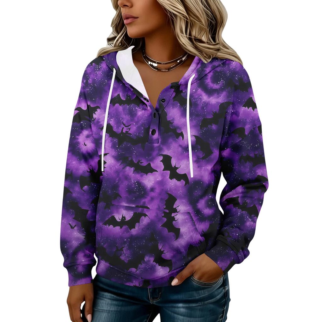 Women's Fashion Hooded Button Front Halloween Print Sweatshirt