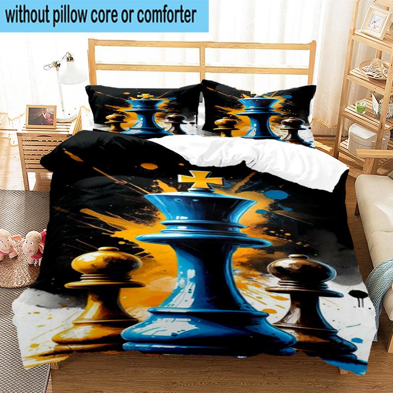 Golden Chess King On Black 3pcs Bedding,Including 1pc Duvet Cover And 2pcs Pillowcases Perfect for Christmas,Ideal for Bedroom, Dormitory