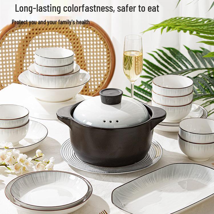 2025 Modern Ceramic Dinnerware Set - Underglaze Rice Bowls, Plates, and Chopsticks
