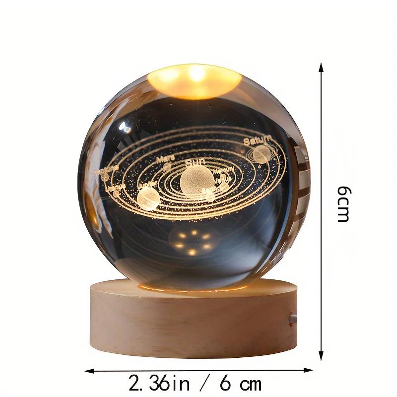6/8cm 3D Crystal Ball Glass Planet LED Warm Night Light Laser Engraved Solar System Globe Universe Birthday Gift Wooden Base