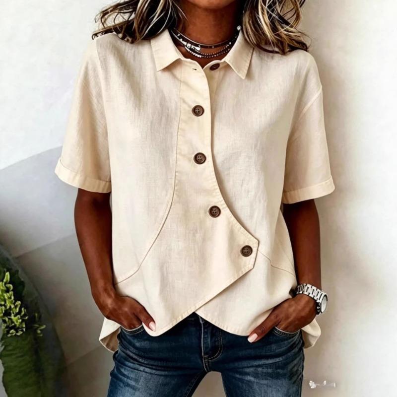 Women Light Blue Lapel Irregular Diagonal Button Short Sleeve Irregular Hem Loose Casual Blouse