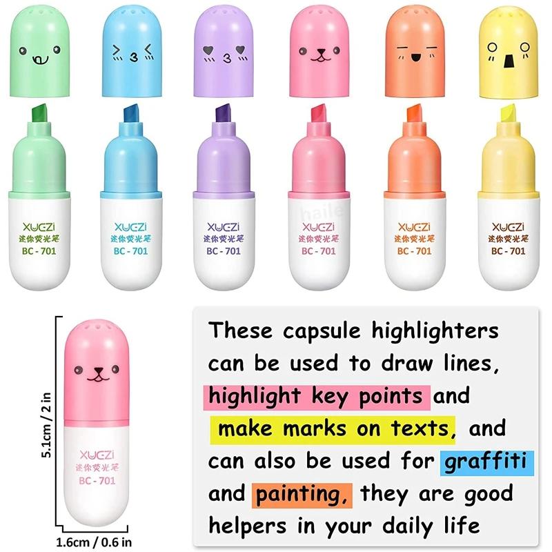 6 ks Kawaii Mini pilulky Zvýrazňovač Pero Kolekce Rozkošný Vtipný Usmívající se Tvář Fluorescenční Fixka Školní Kancelářské Umělecké Psací Potřeby
