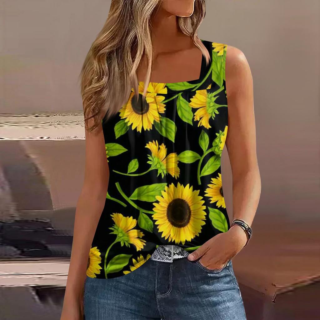 Women's Summer Casual Pleated Square Neck Sleeveless Tank Top Printed T-Shirt