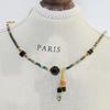 Handmade Retro Natural Stone Necklace with Turquoise Beads and Obsidian Pendant On Titanium Steel Chain