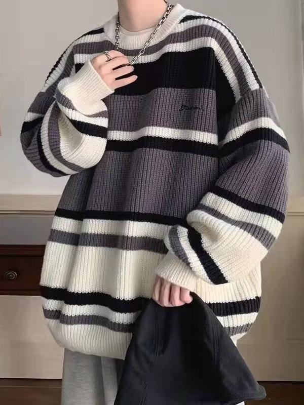 Men's Retro Striped Color-Block Knit Sweater - Casual & Loose Fit for Autumn/Winter