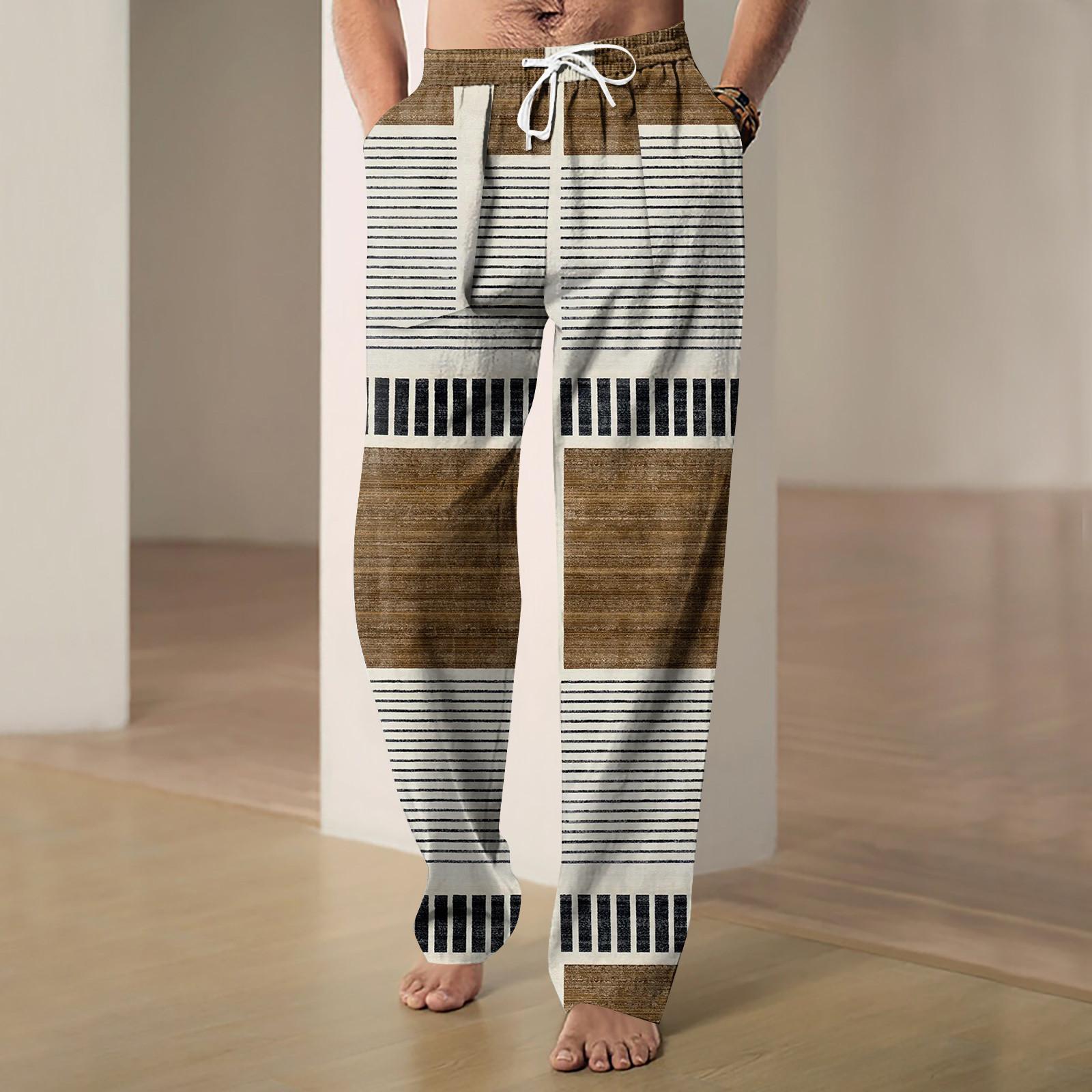 

Мужские повседневные свободные и удобные повседневные брюки, хлопковые льняные брюки с принтом на шнуровке L кофейный