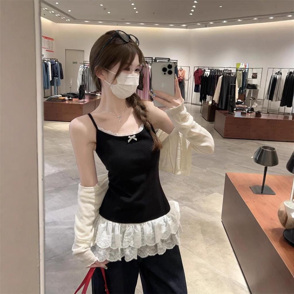 Ballet-Style White Lace Bow Camisole for Women - Spring/Summer 2025 Sleeveless Top