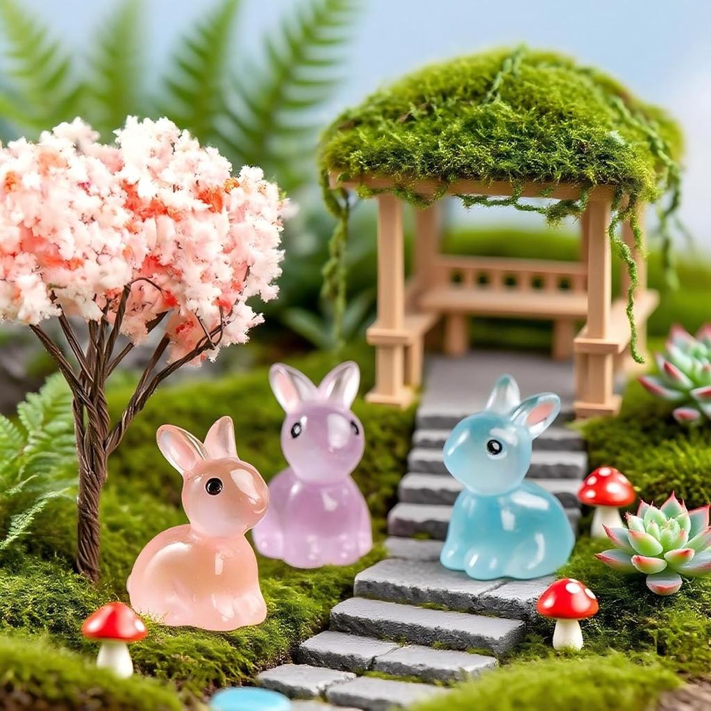 18/36/54 PCS Glow-in-the-Dark Bunny Figurines for Fairy Garden Paths & Micro Landscapes Resin Mini Rabbits Moss Terrarium Decor