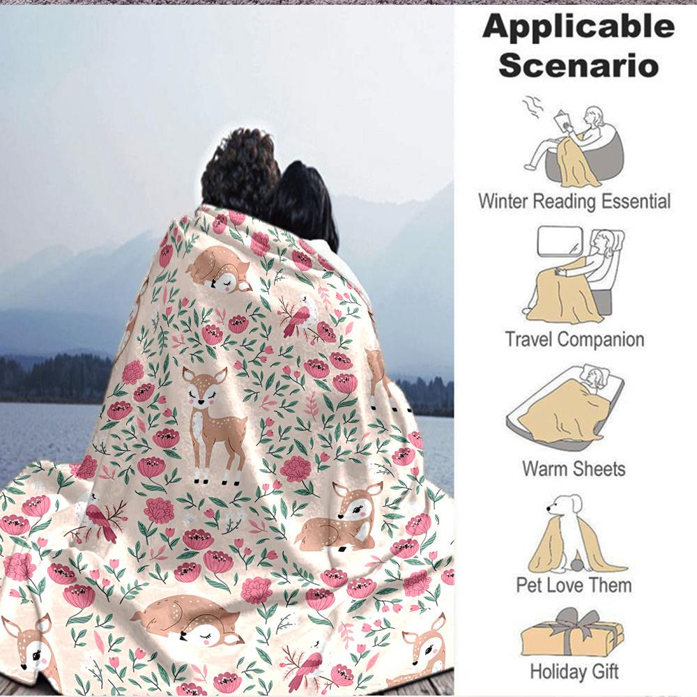 1pc Deer Floral Lightweight Flannel Blanket, Comfortable and Warm Blanket, for Office and Camping Sofa Bed, Livingroom158