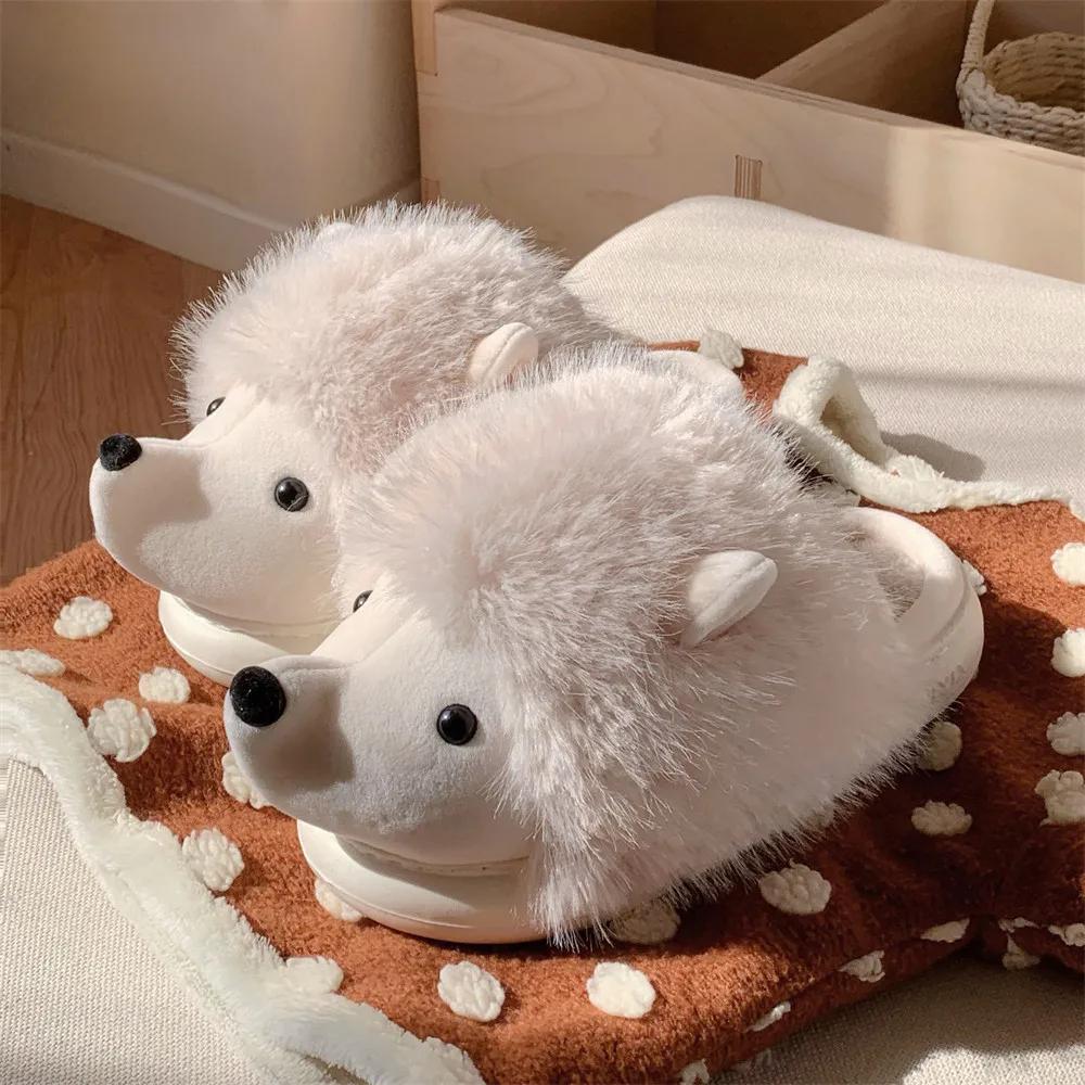 Fashion New Cute Cartoon Fluffy Slippers For Woman Winter Warm Shoes Funny Hedgehog Anti-slip Soft Plush Girls Indoor Home Floor Slides