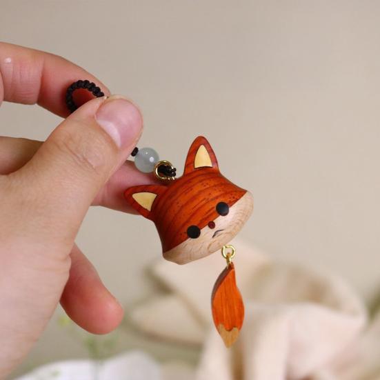 Hand-Carved Wooden Fox Pendant Keychain Cute Animal Design Phone Keys Bag Charm Eco-Friendly Gift Accessory