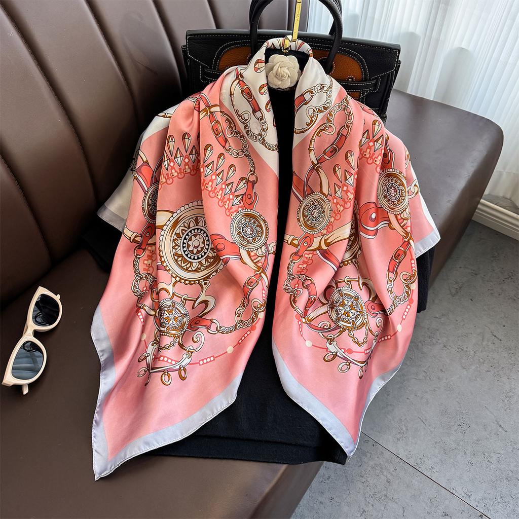 90×90Cm  Satin Shawl Design Flowers Silk Square Women Neck Scarves Wrap Headkerchief Beach Hair Band Women'S Bandana