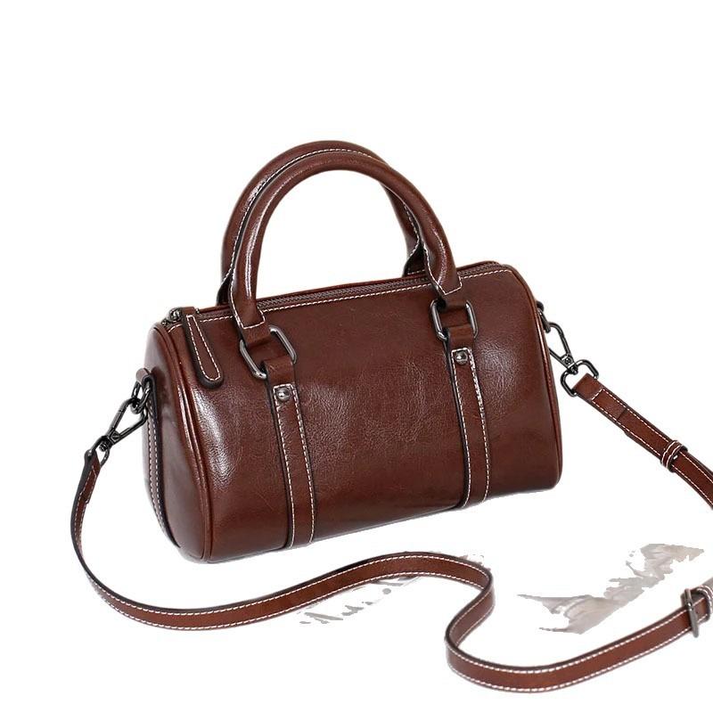 Genuine Leather Handbag, Women's Oil-wax Cowhide Crossbody Bag, Trendy Bag, High-end Boston Pillow Bag