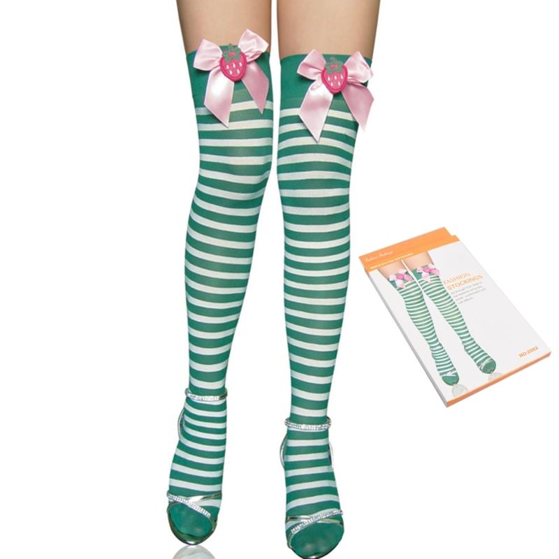 Ribbed Fabric Thigh High Long Socks with Strawberry Bowknot for Women Striped Over Knee Stockings Roleplay Party Hosiery