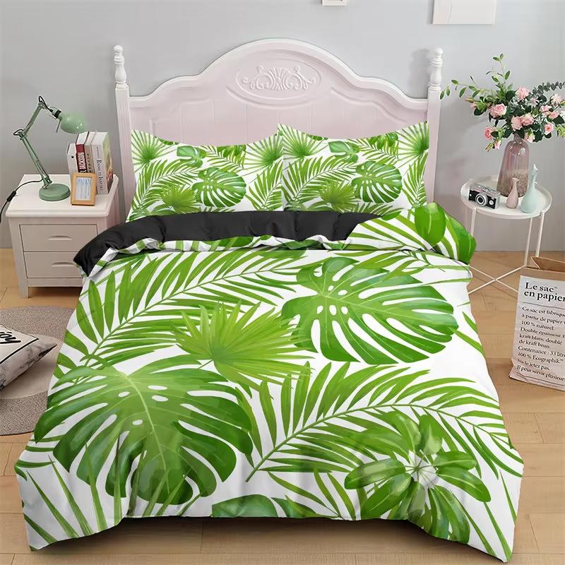 Green Palm Leaf Bedding Set Hawaiian Tropical Leaves Duvet Cover Microfiber Monstera Banana Leaves Quilt Cover For Teen Adults