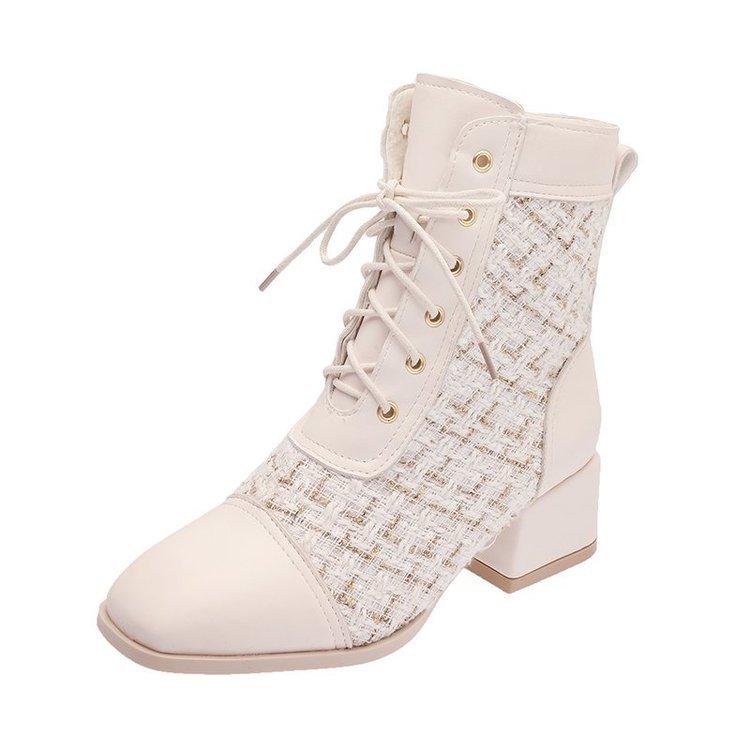 Square Front Lace Up Mesh Red Thick Middle Heel Fashion Versatile Fashion Boots