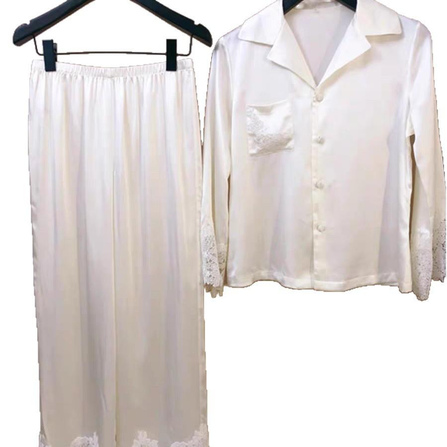 Pajamas Women's Ice Silk Long-sleeved Thin White Moonlight French Silk Lace Water-soluble Flower Loungewear Set Can Be Worn Outside