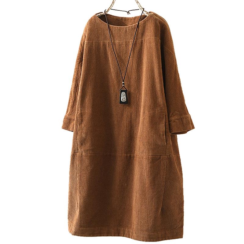 Abito Casual Retro in Velluto a Coste Autunno & Inverno Taglie Forti per Donna
