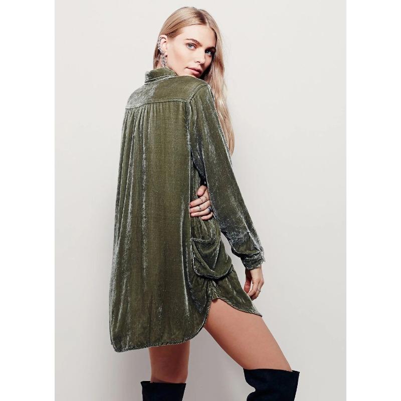 Jesienne Damskie Sukienki Mini z Dekoltem V Zapinane na Guziki Luźne z Długim Rękawem Sukienka Koszulowa ze Złotego Weluru