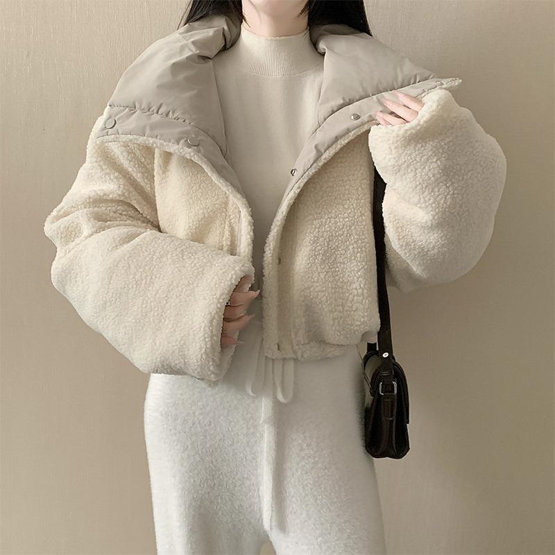 Women Short Thick Cotton Padded Coat Turn Down Collar Long Sleeve Loose Double Sided Winter Outerwear