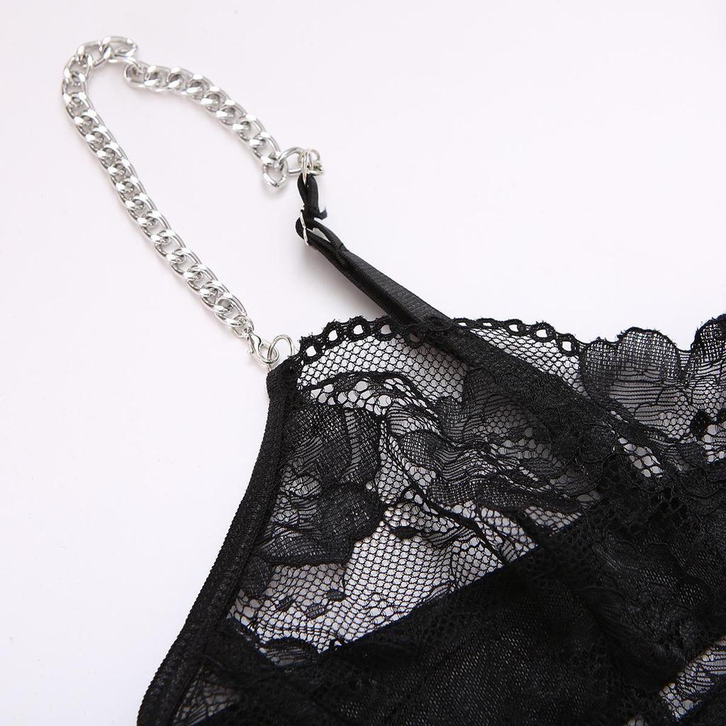 European Sexy Lingerie Set with Metal Chain, Black Lace, See-Through Design, Erotic Cool Spicy Style.