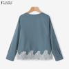 ZANZEA Women Casual Round Neck Loose Lace Splice Loose Blouse