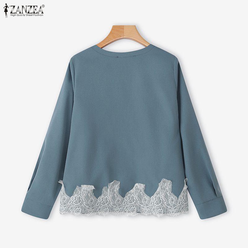 ZANZEA Women Casual Round Neck Loose Lace Splice Loose Blouse