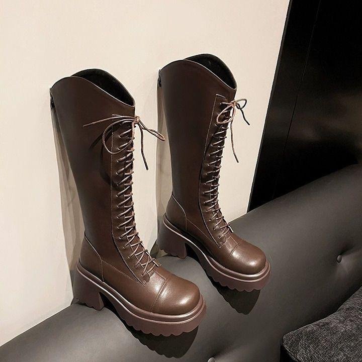 V-mouth thick-soled versatile boots for women 2025 autumn and winter looking thin thick heels but knee knight boots high boots tide