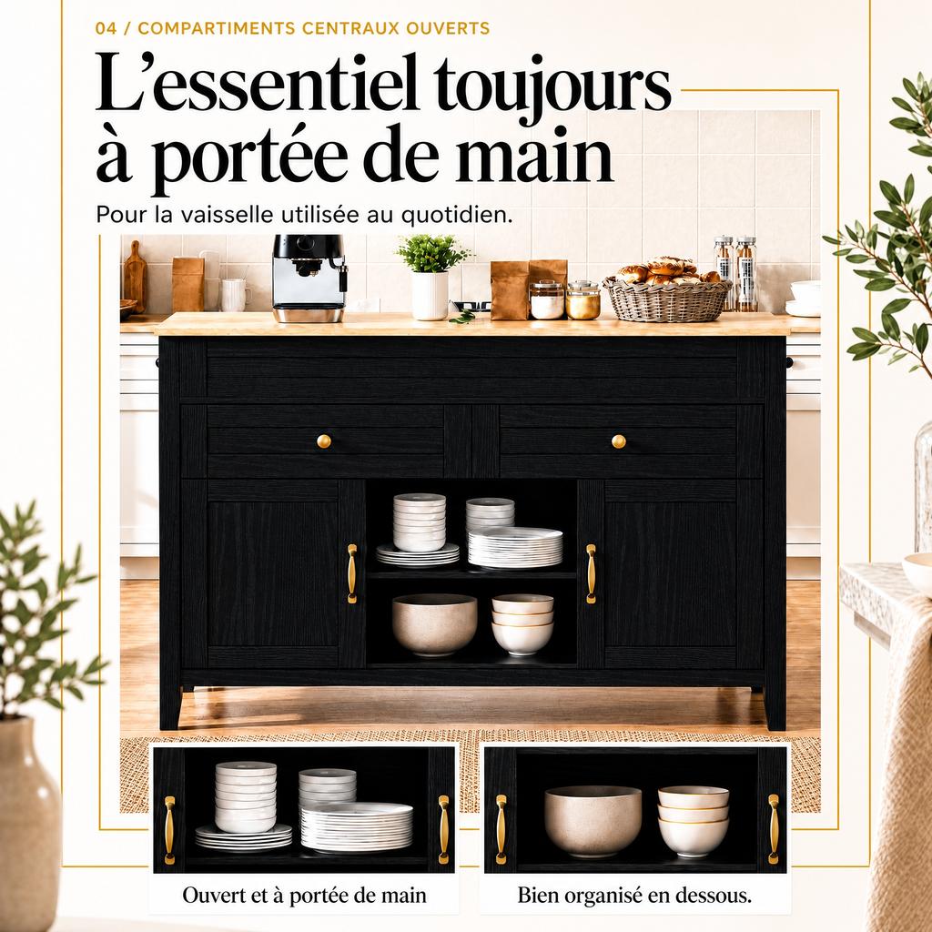 Kitchen Island with Pull-Out Dining Table, Cabinet with Countertop in Light Wood Look, Two Divided Drawers, Doors and Open Storage Compartments, Black