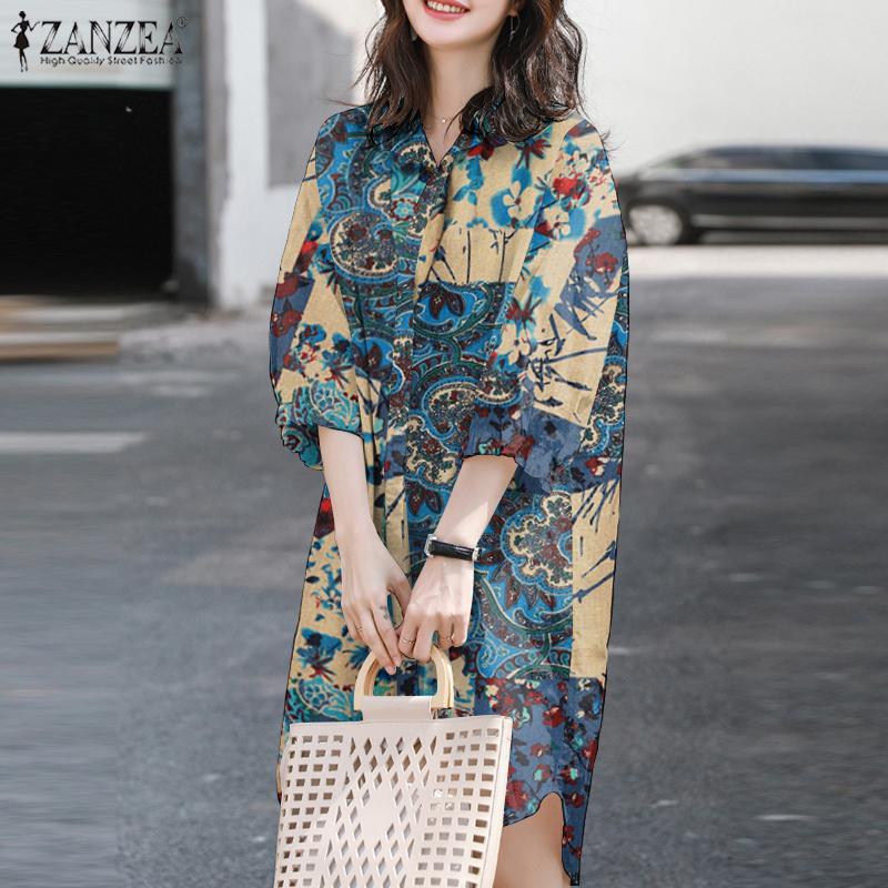 

ZANZEA Женское повседневное хлопковое платье с отложным воротником и рукавами 3/4 с принтом