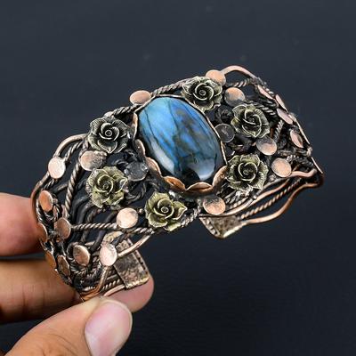 Bracciale/bracciale fatto a mano avvolto in filo di rame puro con pietra preziosa labradorite