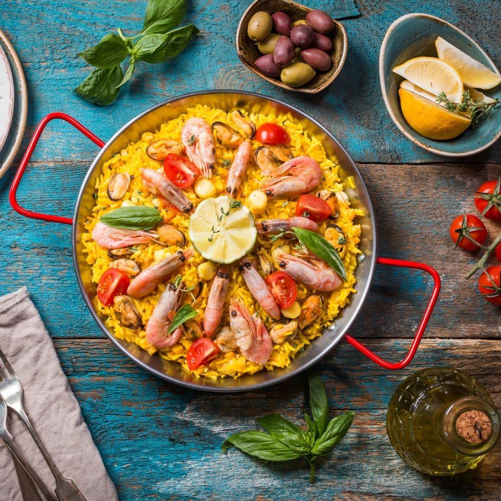 EL CID Spanish Paella Pan with Red Handle, Professional Paella Pan with Recipe, 26cm, Serves 1-2 People